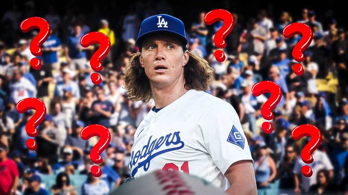 Dodgers Tyler Glasnow with question marks everywhere around him at Dodger Stadium.