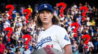 Dodgers Tyler Glasnow with question marks everywhere around him at Dodger Stadium.