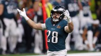 Philadelphia Eagles running back Will Shipley (28) reacts after a play against the Kansas City Chiefs during the first half of Super Bowl LIX at Caesars Superdome.