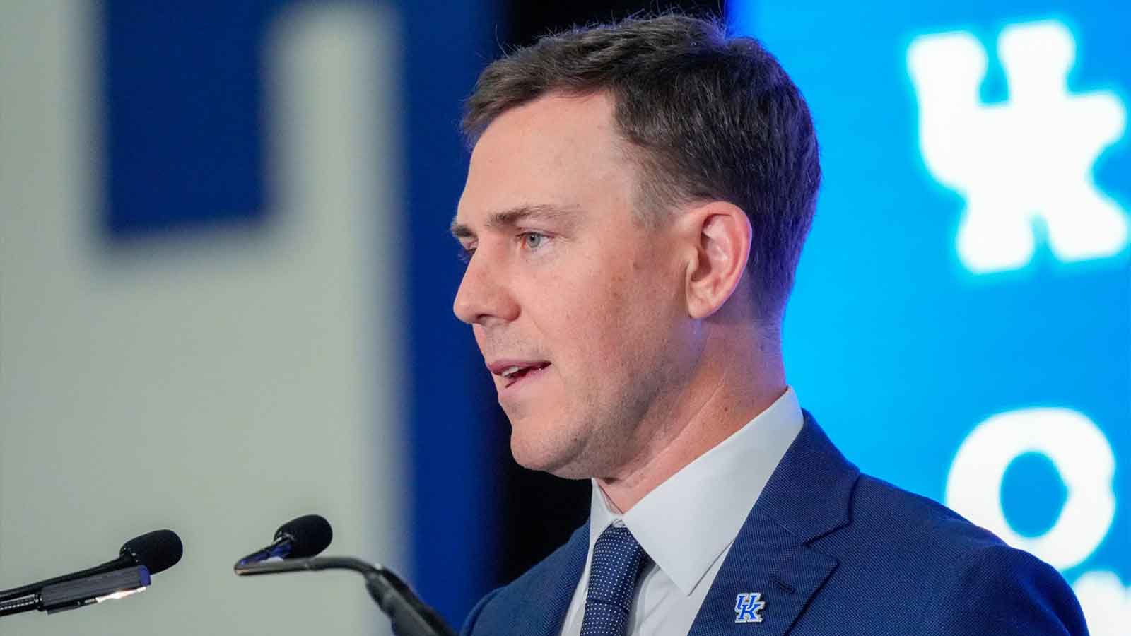 New Kentucky Wildcat head coach Will Stein makes remarks as he is introduced at Kentucky on Wednesday, December 3, 2025