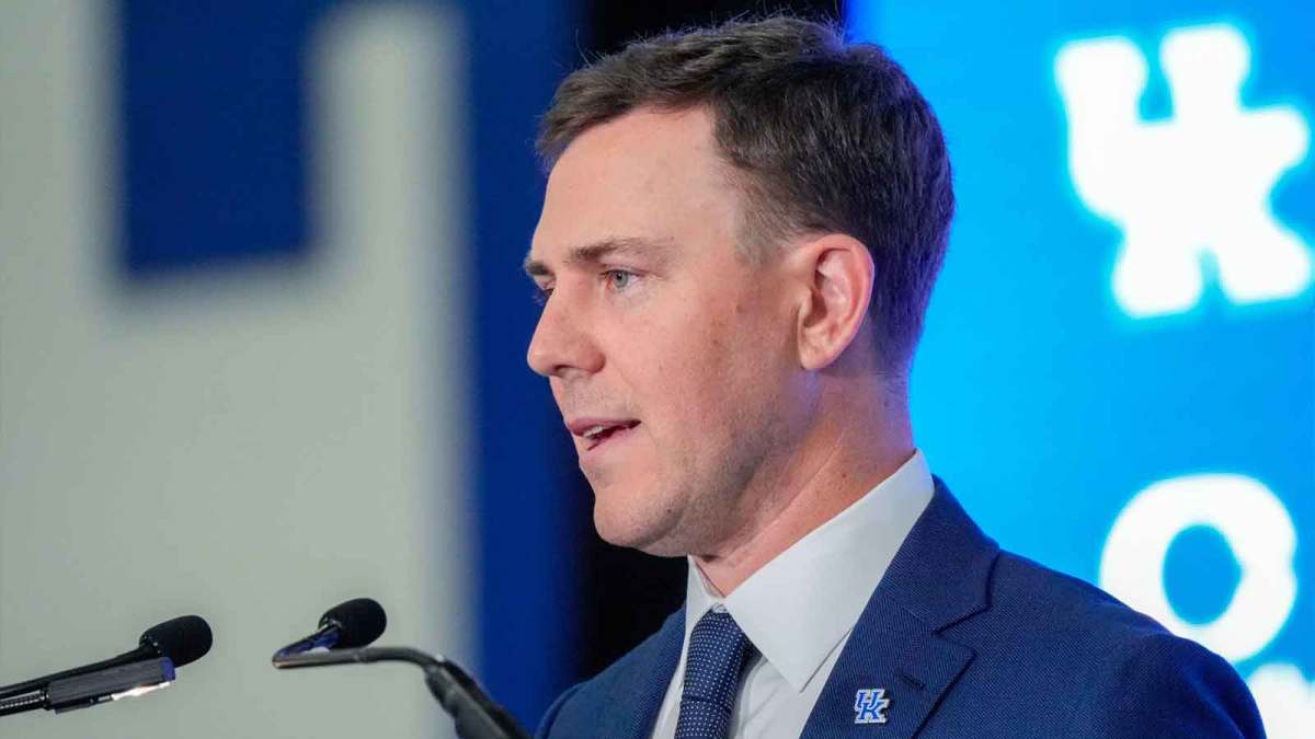 New Kentucky Wildcat head coach Will Stein makes remarks as he is introduced at Kentucky on Wednesday, December 3, 2025