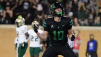 North Texas Mean Green wide receiver Wyatt Young (10) reacts after scoring a touchdown against the South Florida Bulls during the first half of a game at DATCU Stadium.
