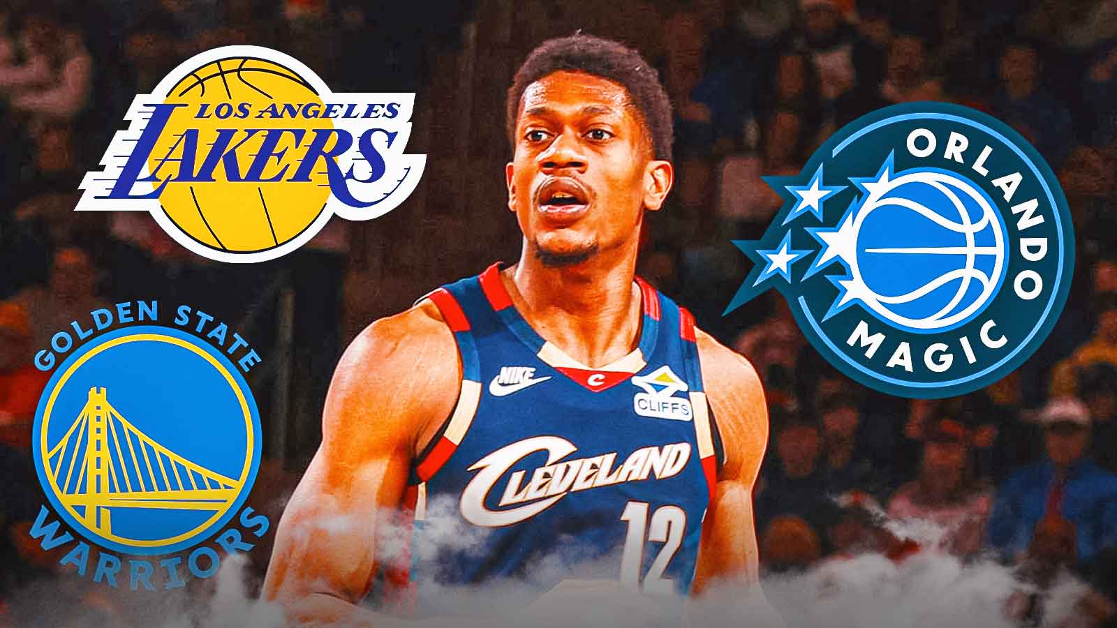 Cavs' De'Andre Hunter looking serious, with Warriors, Magic, and Lakers logos beside him