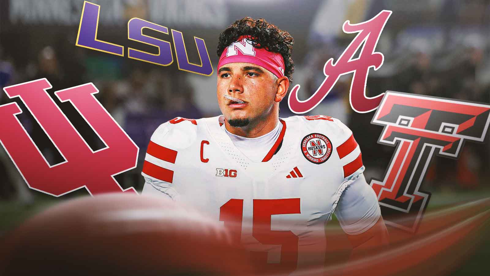 Dylan Raiola with question marks, Texas tech, LSU, Alabama, and Indiana logos around him.