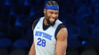 New York Knicks forward Guerschon Yabusele (28) reacts during practice prior to the Emirates Cup semifinals at T-Mobile Arena