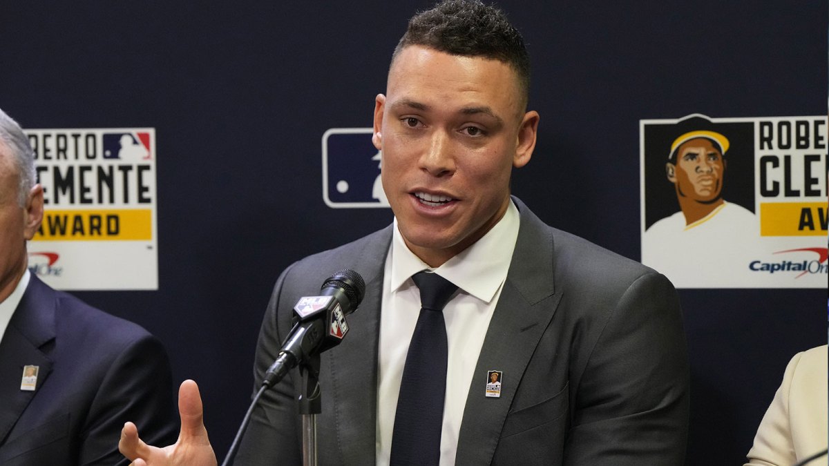 Aaron Judge acknowledges the media during the Clemente Award Press Conference at Chase Field.
