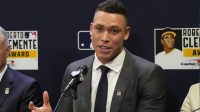 Aaron Judge acknowledges the media during the Clemente Award Press Conference at Chase Field.