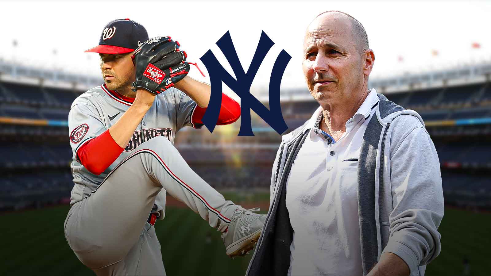 IMAGE: Washington Nationals starting pitcher MacKenzie Gore pitching on the left side, New York Yankees logo in the center, New York Yankees general manager Brian Cashman on the right side, Yankee Stadium (home field of the New York Yankees) in the background