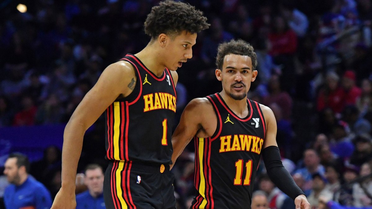 Atlanta Hawks forward Jalen Johnson (1) and guard Trae Young (11) against the Philadelphia 76ers during the fourth quarter at Wells Fargo Center.