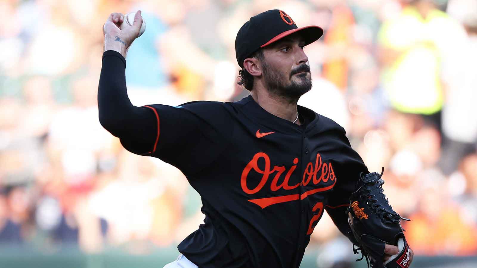 Baltimore Orioles pitcher Zach Eflin (24) throws during the first inning against the Toronto Blue Jays at Oriole Park at Camden Yards.