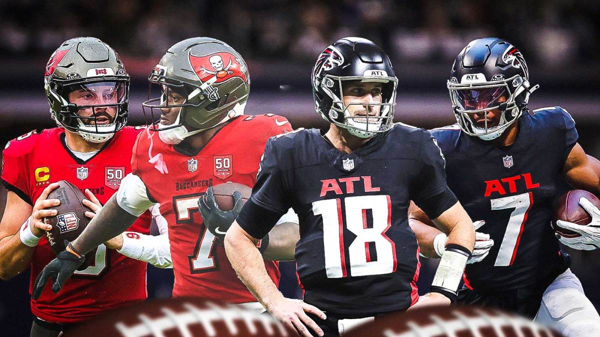 Buccaneers QB Baker Mayfield and RB Bucky Irving next to Falcons QB Kirk Cousins and RB Bijan Robinson.