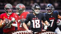 Buccaneers QB Baker Mayfield and RB Bucky Irving next to Falcons QB Kirk Cousins and RB Bijan Robinson.