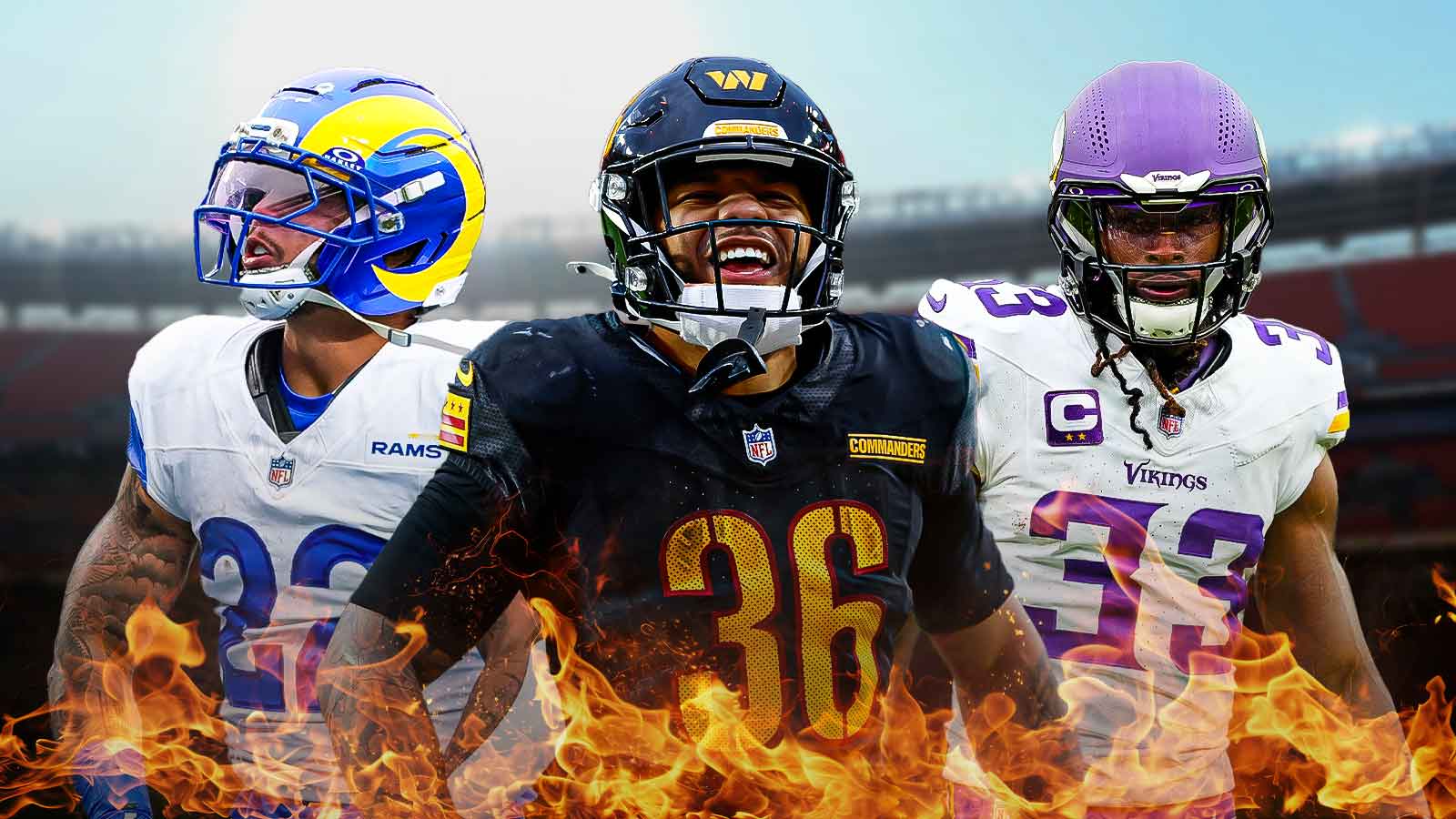 Chris Rodriguez Jr, Blake Corum, Aaron Jones all beside each other, Flames in the background