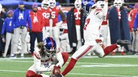 New York Giants place kicker Younghoe Koo (37) makes an extra point during the second quarter against the New England Patriots at Gillette Stadium.
