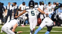 Seattle Seahawks place kicker Jason Myers (5) kicks a field goal during the first half against the Tennessee Titans at Nissan Stadium.