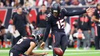 Houston Texans place kicker Ka'Imi Fairbairn (15) makes a field goal against the Arizona Cardinals in the third quarter at NRG Stadium.