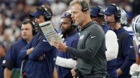 Dallas Cowboys defensive coordinator Matt Eberflus on the sideline during the first quarter at AT&T Stadium.