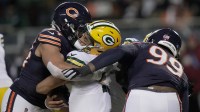 Chicago Bears defensive end Austin Booker (94) sacks and injures Green Bay Packers quarterback Jordan Love (10) during the second quarter of their game Saturday, December 20, 2025 at Soldier Field in Chicago, Illinois. Love left the game and the Bears were penalized for the hit.