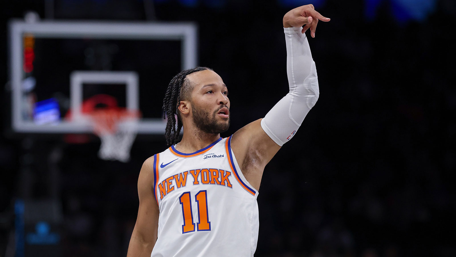 Nov 24, 2025; Brooklyn, New York, USA; New York Knicks guard Jalen Brunson (11) follow through after a shot during the first quarter against the Brooklyn Nets at Barclays Center. Mandatory Credit: Vincent Carchietta-Imagn Images