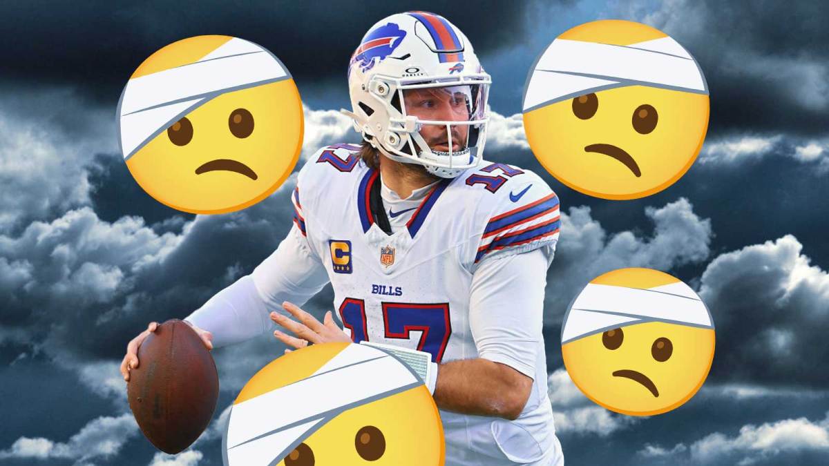 Josh Allen in the middle, 🤕 emojis around him, Dark clouds in the background