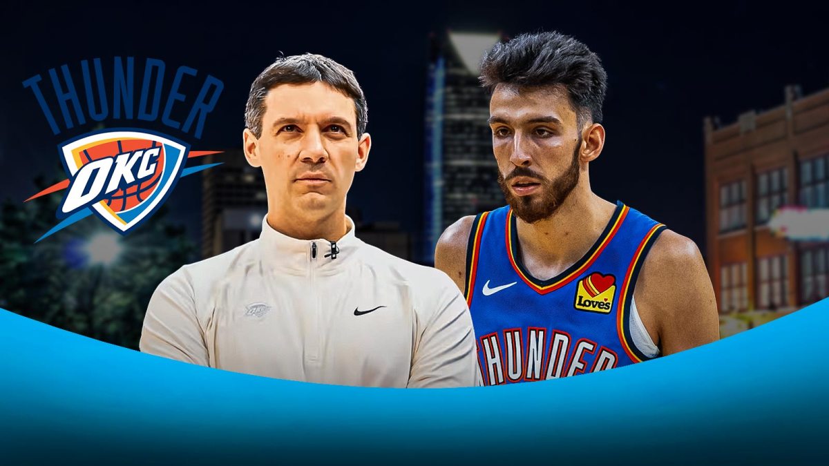 Thunder forward Chet Holmgren next to Thunder head coach Mark Daigneault with the Thunder logo and the Oklahoma City skyline in the background