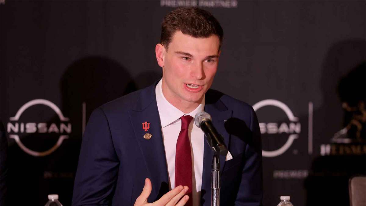 Indiana Hoosiers quarterback Fernando Mendoza speaks to the media during a press conference at the New York Marriott Marquis before the presentation of the Heisman trophy.