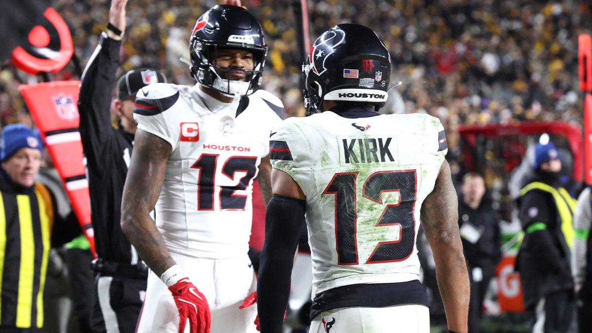Houston Texans wide receiver Christian Kirk (13) celebrates a touchdown with wide receiver Nico Collins (12) against the Pittsburgh Steelers during the first half of an AFC Wild Card Round game at Acrisure Stadium.