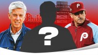 IMAGE: Philadelphia Phillies president of baseball operations Dave Dombrowski on the right side, Philadelphia Phillies manager Rob Thomson on the left side, blank player silhouette in the center with question marks over the eyes, Citizens Bank Park (home stadium of the Philadelphia Phillies) in the background