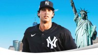 Graphic of Yankees' Spencer Jones in full uniform with New York in the background.