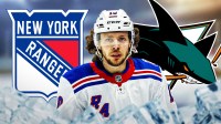 Artemi Panarin with Rangers. Sharks logo next to him