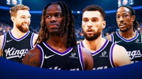 Sacramento Kings star Keon Ellis standing next to Zach LaVine, DeMar DeRozan, and Domantas Sabonis in front of the Golden 1 Center.