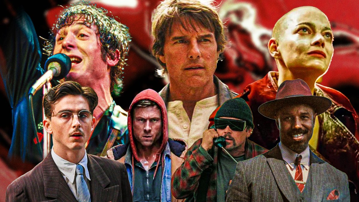 Various characters from 2025 movies, including Bruce Springsteen in Deliver Me from Nowhere, Marty Mauser in Marty Supreme, Ben Richards in The Running Man, Ethan Hunt in Mission: Impossible — The Final Reckoning, one of the Smokestack Twins in Sinners, and Michelle Fuller in Bugonia.