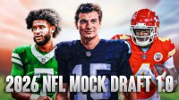 The ClutchPoints 2026 NFL mock draft 1.0 with Fernando Mendoza in a Raiders jersey, Dante Moore in a Jets jersey, and Jeremiyah Love in a Chiefs jersey with "2026 NFL Mock Draft 1.0" written across the bottom.