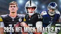 Fernando Mendoza in a Raiders uniform, Rueben Bain Jr. in a Titans uniform, and Ty Simpson in a Steelers uniform with 2026 NFL mock draft 2.0 written across the bottom