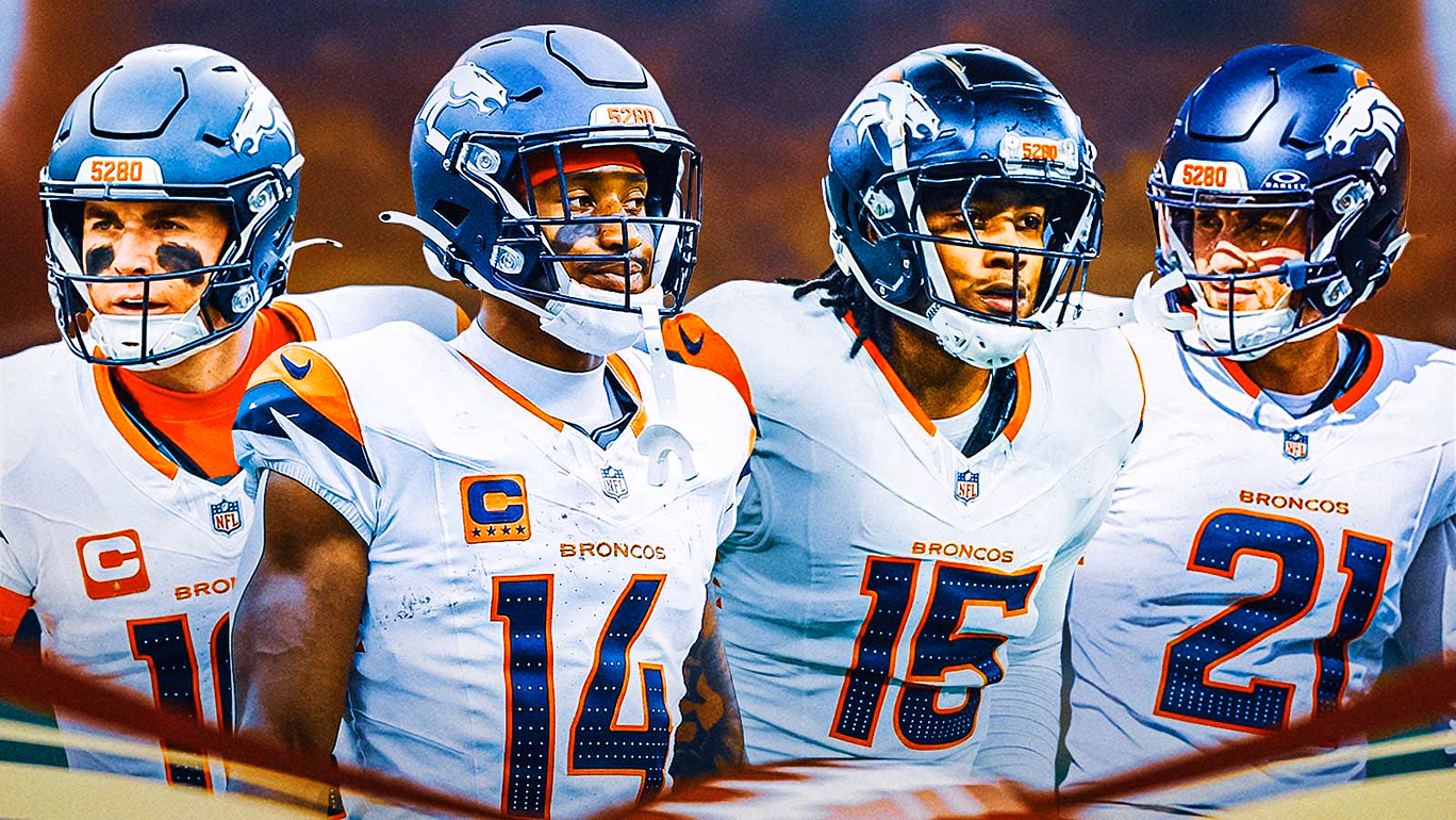 Bo Nix, Courtland Sutton, Nik Bonitto, Riley Moss all beside each other, Broncos wallpaper in the background