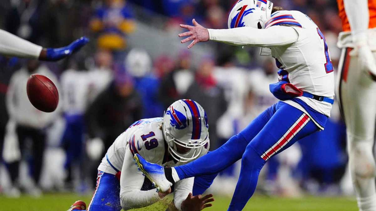 Buffalo Bills place kicker Matt Prater (15) kicks a field goal out of the hold of punter Mitch Wishnowsky (19) during the fourth quarter of an AFC Divisional Round playoff game Denver Broncos at Empower Field at Mile High.