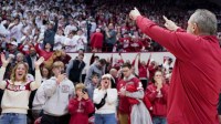 Indiana Hoosiers head coach Darian DeVries celebrates after the game against the Purdue Boilermakers at Simon Skjodt Assembly Hall.