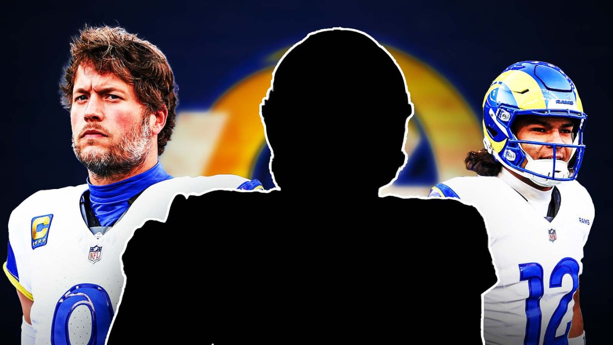 Mystery player in middle, Matthew Stafford and Puka Nacua around him, Los Angeles Rams wallpaper in the background