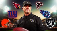John Harbaugh surrounded by Browns, Giants, Cardinals, Raiders, Falcons, and Titans logos