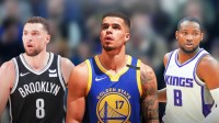 Michael Porter Jr. in Warriors uniform, Zach LaVine in Nets uniform, Jonathan Kuminga in Kings uniform