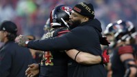 San Francisco 49ers offensive tackle Trent Williams (71) reacts with fullback Kyle Juszczyk (44) before the game at Levi's Stadium.