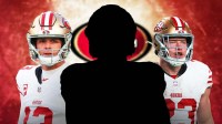 Mystery player in the middle, Brock Purdy, Christian McCaffrey around him, San Francisco 49ers wallpaper in the background