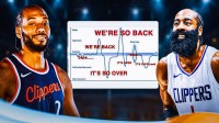 Clippers' Kawhi Leonard and James Harden laughing, with it's so over graph beside them