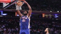 Philadelphia 76ers center Joel Embiid (21) dunks in the fourth quarter against the New York Knicks at Madison Square Garden.