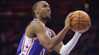 Philadelphia 76ers guard Tyrese Maxey (0) shoots a foul shot against the Sacramento Kings during the fourth quarter at Xfinity Mobile Arena.