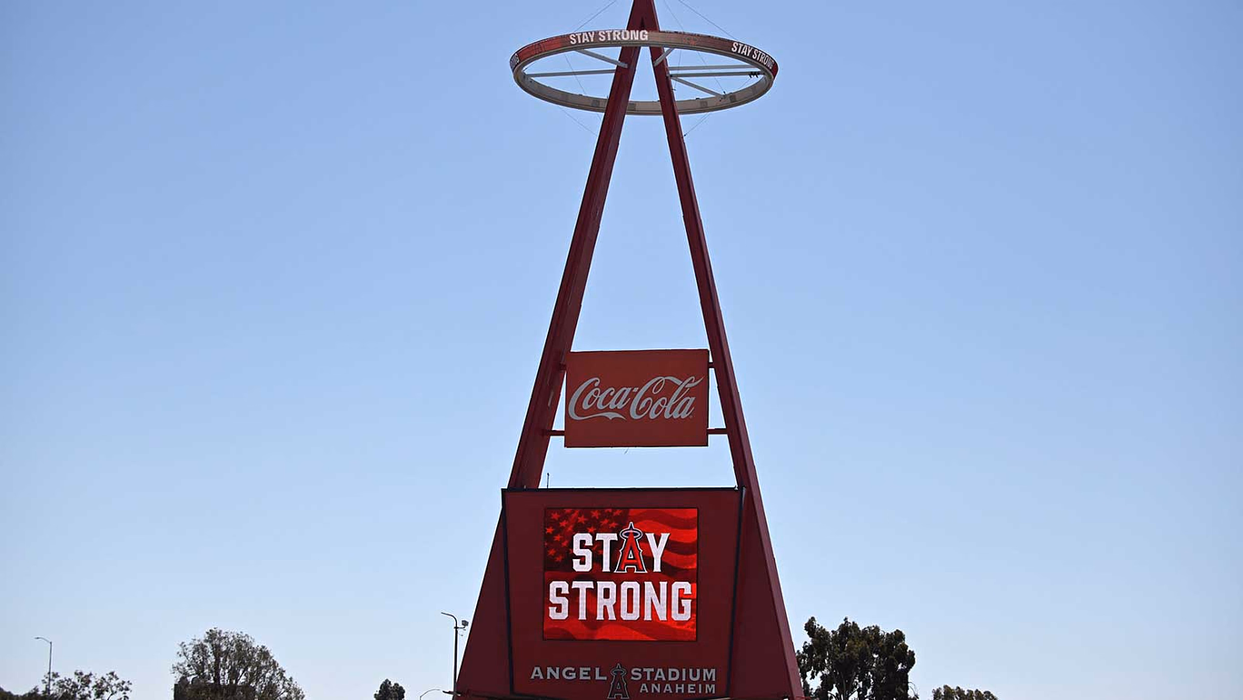 The Big A sign halo displays \"Stay Strong\" message at Angel Stadium of Anaheim amid the global coronavirus COVID-19 pandemic.