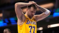 Los Angeles Lakers guard Luka Doncic (77) reacts after being fouled against the Sacramento Kings in the second quarter at the Golden 1 Center.