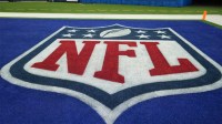 Jan 17, 2022; Inglewood, California, USA; A detailed view of a NFL shield logo in the end zone at a NFC Wild Card playoff football game at SoFi Stadium. Mandatory Credit: Kirby Lee-Imagn Images
