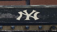 A general view of rain falling on the New York Yankees logo on the first base dugout roof during a rain delay in the game between the New York Yankees and the Boston Red Sox.
