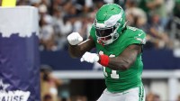 Philadelphia Eagles wide receiver AJ. Brown (11) celebrates a touchdown in the first quarter against the Dallas Cowboys at AT&T Stadium.